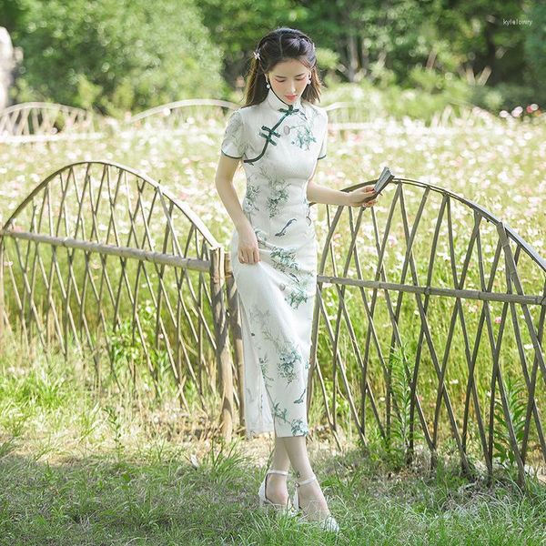 Abbigliamento etnico Oriental Green Summer Vintage Qipao Women Elegant Slim Sexy Flower Print Costume tradizionale cinese Cheongsam migliorato