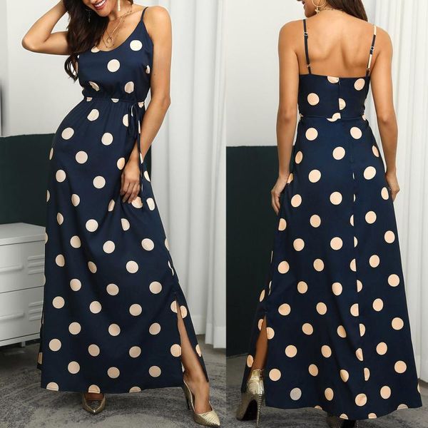 Saias elegantes vestidos longos de sling feminino Dots impressão sem costas Vestido maxi de verão feminino casual v pescoço sem mangas Silm férias vestidosskirts