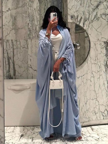 Abbigliamento etnico Aperto Abaya Piega Tessuto Coulisse Batwing Kimono Donne Musulmane Islamico Dubai Modesto Abito Casual Ramadan Eid Hijabi