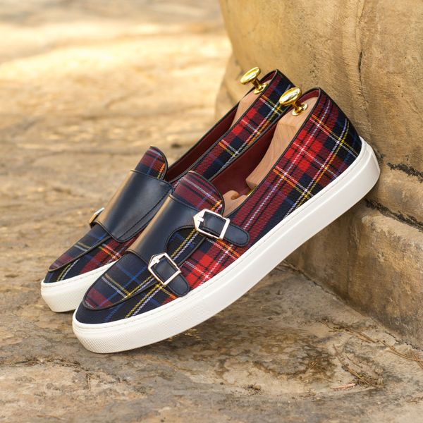 Neue Monk Loafers Herrenschuhe Rot Kariert Klassische Straße Outdoor Täglich PU Doppelschnalle Flacher Absatz Bequeme Freizeitschuhe