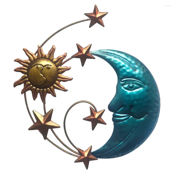 Estatuetas decorativas parede sol sol lua de lua de metal escultura celeste do rosto pendurado estrela pendurada estrela ao ar livre estrelas de ferro solar jardim de jardim de ouro