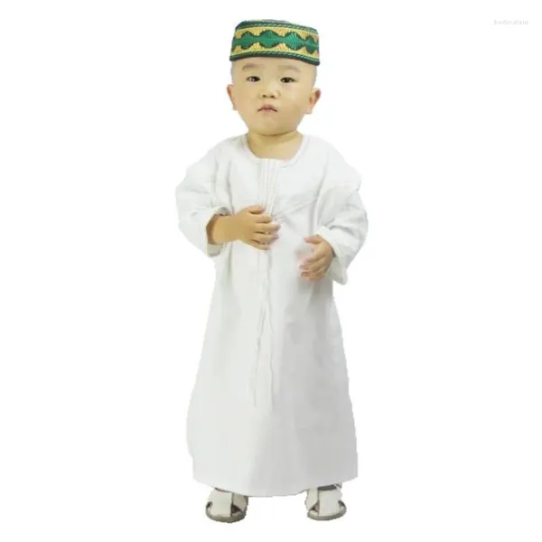 Roupas étnicas em torno do pescoço muçulmano abaya menino algodão linho islam vestido crianças branco trompete crianças robe manga longa árabe moda