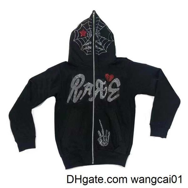 Moletons femininos moletons y2k Full Full Up Hoodie Men outono inverno strass góticos aranha Sorto da teia Hip Hop Grunge Sketon Casaco de jaqueta superdimensionado 0407H23