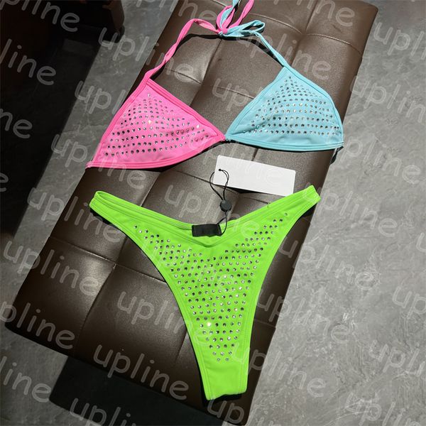 Moda Renkli Mayo Parlak Rhinestone Thong Bikini Mayo Kadın Yaz Tasarımcısı Seksi Dantel Yukarı Arka Boyinis Seti