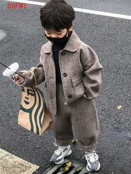Mantel Koreanische Herbst Oberbekleidung Winter Trägt für Kinder Jungen Mädchen Kinder Woolen Hosen Anzug Britischen Casual Zwei stück Set 2 10Y 231107