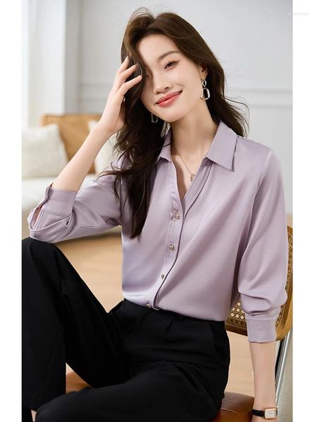 Blusas De Mujer Fitshinling, Camisas ajustadas a la moda y Top De manga larga con botones para Mujer, Camisas elegantes sedosas De satén para Mujer