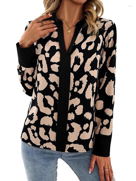 Blusas femininas camisa blusa preta leopardo impressão manga longa trabalho diário com decote em v ajuste regular primavera outono