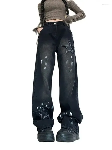 Женские джинсы, женские повседневные винтажные классические джинсовые вещи, американский стильный стиль с черной звездой и кисточками Spicy Girl Y2K, универсальная уличная одежда с высокой талией