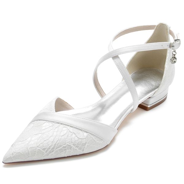 Sandalen Süße Dame Spitzschuh Kleid Flache Schuhe Gekreuzte Bänder Spitze Satin Brautschuhe Strand Garten Hochzeit Kleine Absätze Weiß Champagner Marine 230407