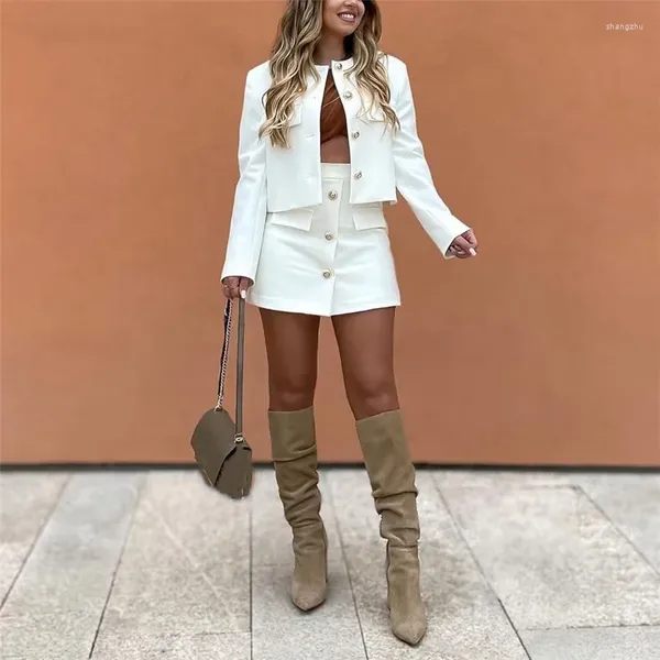 Arbeit Kleider Frau Beige Elegante Gold Taste Gerade Blazer Anzug 2023 Frühling Weibliche Chic Rock Shorts Anzüge Damen High Street passenden