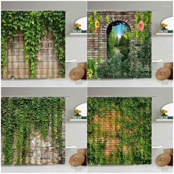 Duschvorhänge Green Vine Vintage Stone Brick Wall Set Natürliche Pflanzen Blätter Blumen Polyestergewebe Badezimmerdekoration mit Haken