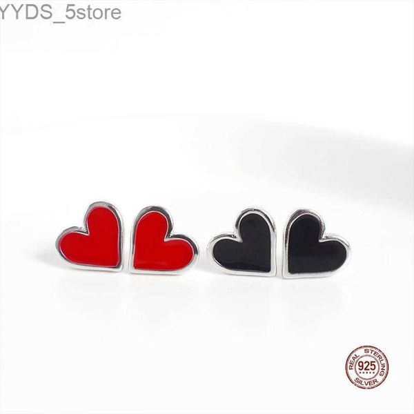 Orecchini a bottone LKO in argento sterling 925 con cuore rosso nero per le donne Ragazza Orecchini a bottone romantici Accessori per feste Regalo di gioielli YQ231107