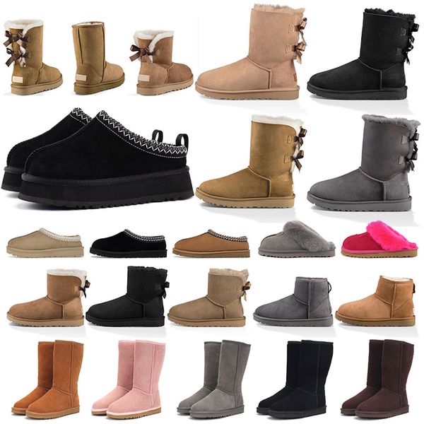 Damen-Tasman-Slipper, Tazz, Kastanienfell-Slides, Ugglie-Stiefel, Dheepskin-Shearling-Slipper, Ultra-Mini-Plateaustiefel, Ugglie-Snow-Wollmischung-Winterstiefeletten über dem Knie