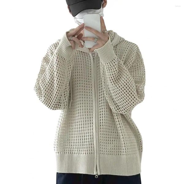 Herrenpullover Herren Strickjacke Polyesterfaser Kapuze Hop Cardigan Stilvoller Winter mit ausgehöhltem Design Reißverschluss