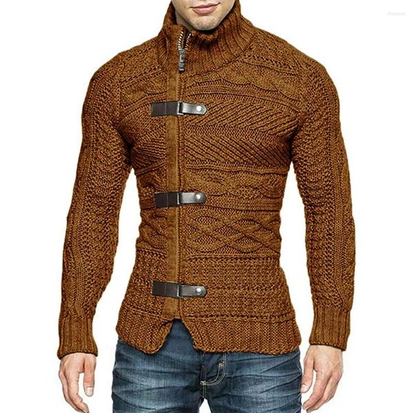 Suéter masculino de couro com zíper, cardigã de inverno com gola alta, cardigã de malha, tops e roupas