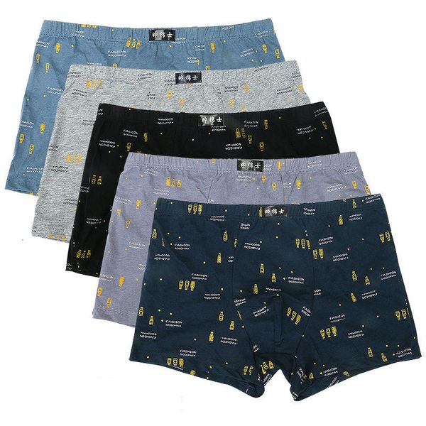 Underpants 5 peças/lotes de boxe de boxe masculino 100% algodão impressão de garrafas masculinas calças masculinas Quatro canto de bainha respirável solta shorts confortáveis ​​230407