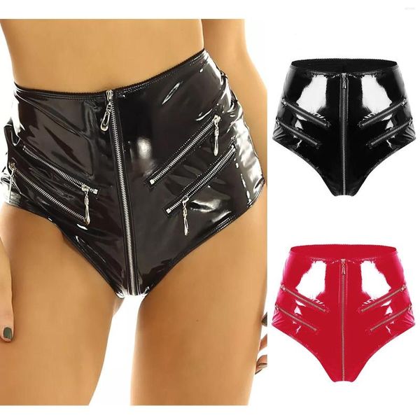 Shorts femininos de alto brilho PVC Couro sexy Arquivo aberto Moldura de zíper da cintura sutiã e roupas íntimas