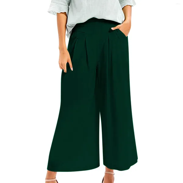 Calças femininas mulheres verão terno estilo coreano cor sólida cintura alta solta perna calças senhoras escritório feminino reto com bolsos