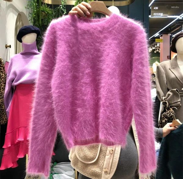 Camisolas femininas Moda Coreana Mulheres Gola Redonda Mink Cashmere Pulôveres Quentes Chic Outono Inverno Rosa Rosa Mohair Malha Macia Curta