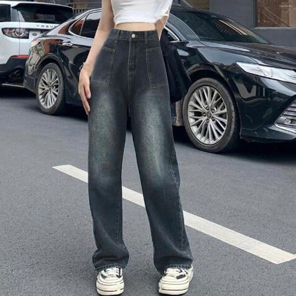 Jeans da donna coreano Y2K pantaloni a vita alta in denim a tubo dritto 2023 moda tutti i fiammiferi pantaloni a gamba larga Harajuku grandi tasche sfumate