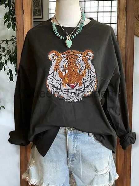 Suéteres femininos Tiger Lantejoulas Moletons para Mulheres Casual Manga Longa Crewneck Top Bonito Gráfico Solto Pulôver Outono Outfits Pulôver J231107