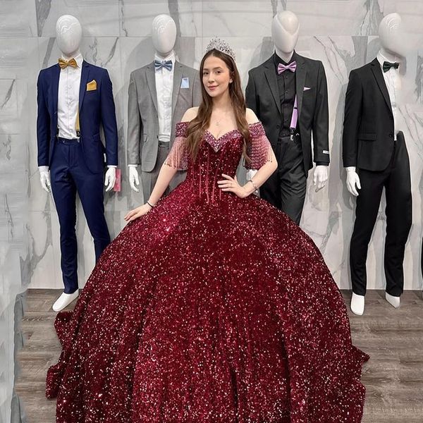 Vinho vermelho quinceanera vestidos 2024 brilhante gillter lantejoulas frisado rendas espartilho princesa vestidos de 15 anos