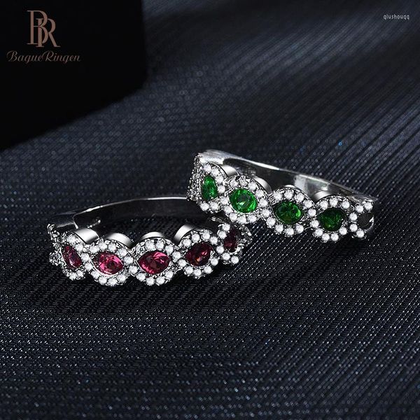 Anelli a grappolo Bague Ringen Trendy Female Silver 925 Gioielli con pietre preziose per le donne Round Ruby Emerald Wavy Anniversary Gift all'ingrosso