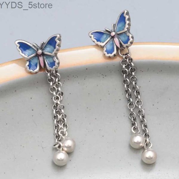 Stud Retro Azul Borboleta Borla Brincos Pendurados para Mulheres 925 Sterling Silver Esmalte Brinco Longo Piercing de Orelha YQ231107