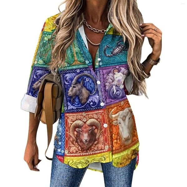 Camicette da donna Astrologia Camicetta casual Manica lunga Stampa zodiacale Lavoro d'ufficio Abbigliamento da strada femminile Camicia oversize Top stampato Idea regalo