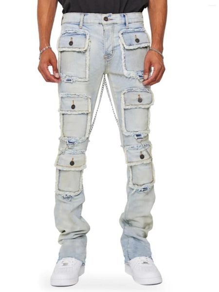 Jeans masculinos indústria pesada muti-bolsos baggy homens fino ajuste elástico y2k calças de carga masculino high street denim roupas