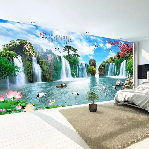 Sfondi Paesaggio di acqua di montagna in stile cinese Grandi murales Cascata Carta da parati personalizzata 3D Po per soggiorno TV Sfondo murale