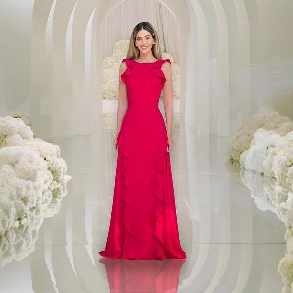 Vermelho babados mãe da noiva vestidos uma linha vestido de convidado de casamento decote bateau até o chão chiffon vestidos de noite