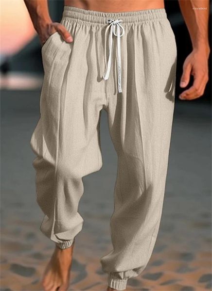 Calças masculinas com bolso casual linho sólido branco cinza cintura elástica harem calças plus size 3xl calças de moletom da moda masculina