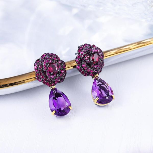 Brincos de argola Brand Brand Genuine Luxury Real Jewels 925 Luz de prata e luxuosos Tiktok Natural Amethyst Rose Roups