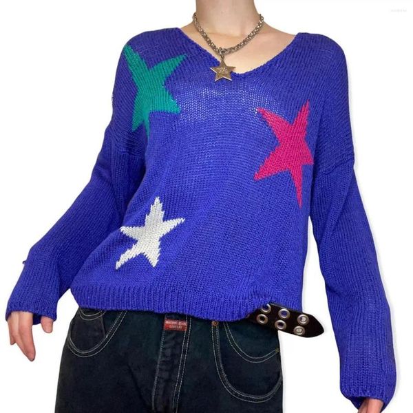 Женские свитера Y2k, свитер с принтом звезд, длинный рукав, v-образный вырез, вязаный пуловер со звездами, свободные осенние топы Harajuku