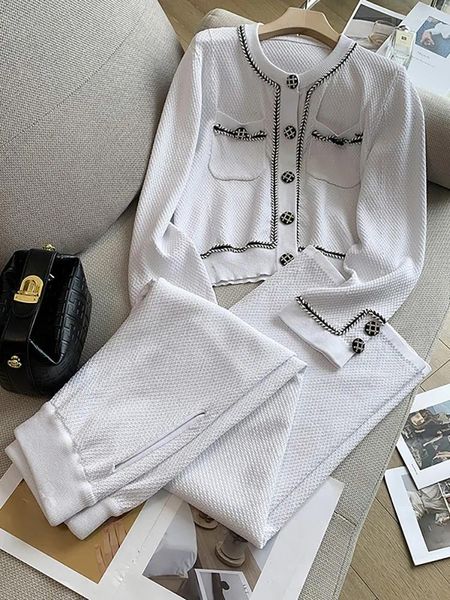 Calças femininas de duas peças outono 2023 lazer coreano perna larga define mulheres outifits botão branco malha cardigan terno moda