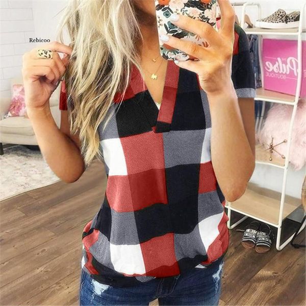 T-shirt da donna Camicia a quadri di moda Maglietta in cotone Casual Summer Ladies Sexy Scollo a V Tunica Top Donna Manica corta Blusas