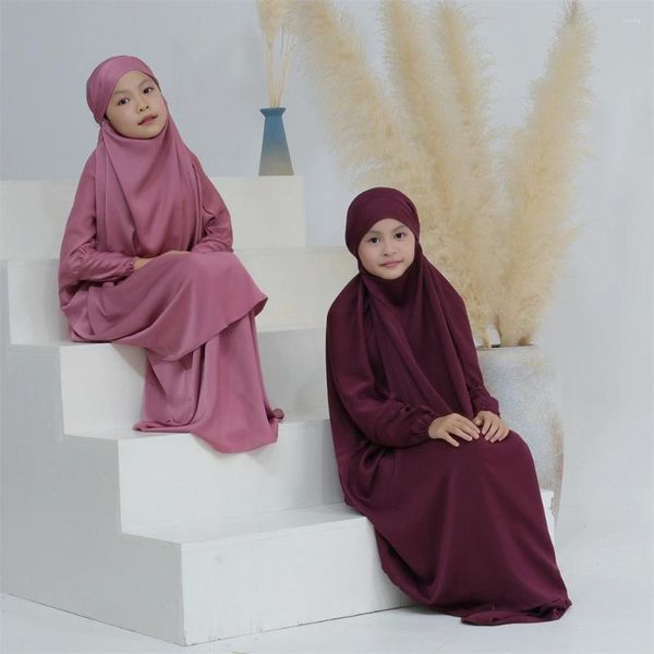 Abbigliamento etnico Eid Abbigliamento da preghiera per bambini Abito Ragazze musulmane Lungo Khimar Hijab Turchia Abaya Abiti Gonna islamica Set Copertura completa Jilbab