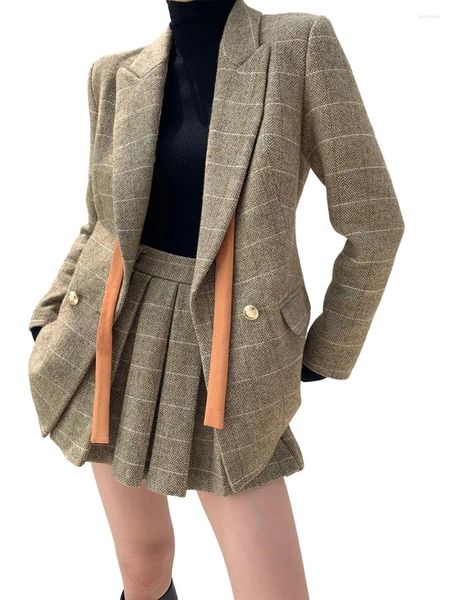 Vestido de duas peças terno feminino cáqui xadrez padrão de espinha de peixe feminino jaqueta de lã formal conjunto de saia curta