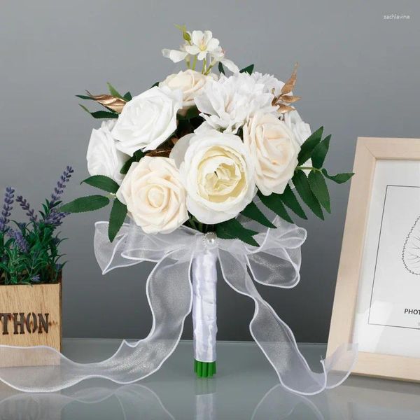 Fiori nuziali Bouquet di seta con rose artificiali WeddingBouquet Bianco Blu Verde Bouquet da damigella d'onore Decorazione della festa nuziale