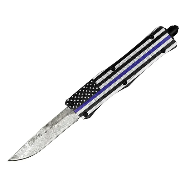 Hochwertiges Blue Flag 7-Zoll-616-Mini-Automatik-Taktikmesser mit Damaststahl-Einschneideklinge und Zn-Al-Legierungsgriff EDC-Taschenmesser mit Nylontasche R8902