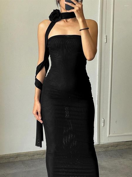 Casual Jurken Zomer Elegant Voor Vrouwen Fee Mesh Sheer Bandeau Off-Shoulder Bloem Halter Bodycon Jurk Party Gown vestidos Outfit