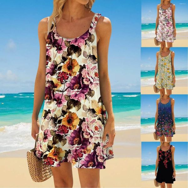 Lässige Kleider Damen Bademode 3D-Druck Kleid Ethnisch Vintage Blumen Ärmellos Boho Mädchen Mode Party