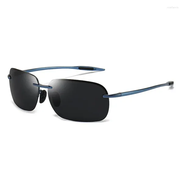 Sonnenbrille, klassisch, rahmenlos, rechteckig, polarisiert, für Damen und Herren, Aluminium-Arm, Federscharnier, UV400
