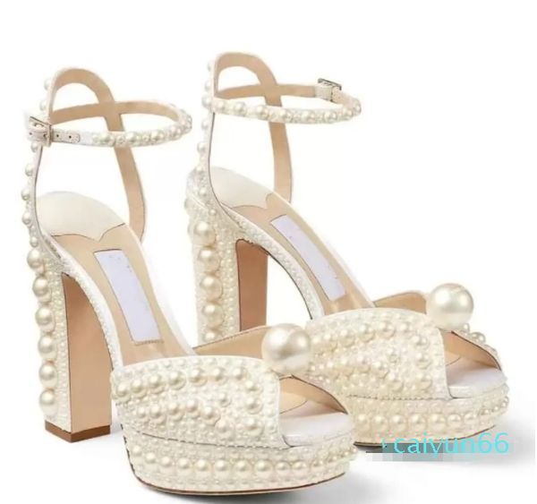 Verão sacaria sapatos de casamento pérola-embelezado cetim plataforma sandálias elegantes mulheres brancas noiva pérolas salto alto senhoras bombas