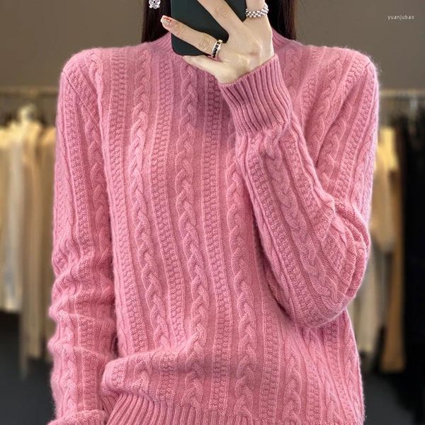 Suéter feminino de lã merino, gola alta, outono inverno, manga comprida, pulôver solto de caxemira, jumper feminino