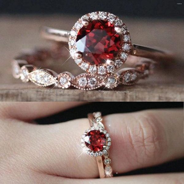 Anéis de cluster 2 pcs vintage único corte oval anel de noivado promessa vermelha design delicado casamento para mulheres luz luxo alto