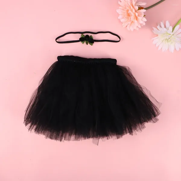 Mädchen-Kleider, buntes Tutu-Rock und elastisches Blumen-Stirnband, Tanz-Performance-Pografie-Tüllkleid (schwarz)