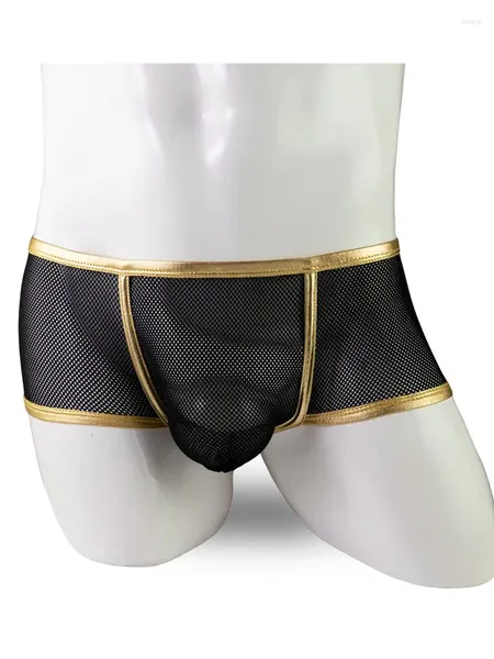 Cuecas sexy masculina boxer roupa interior cintura baixa malha retalhos calcinha transparente bulge bolsa homem roupas exóticas lingerie masculina