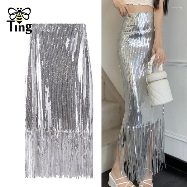 Saias Tingfly Sexy Mulheres Slim Bainha Blingbling Lantejoulas Midi Long Tassel Party Lady Chic Casual All Season Design Bottom